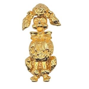 Gold Tone Vintage AAI Poodle Dog Brooch Pin Textured Bow‎ Accent Adorable